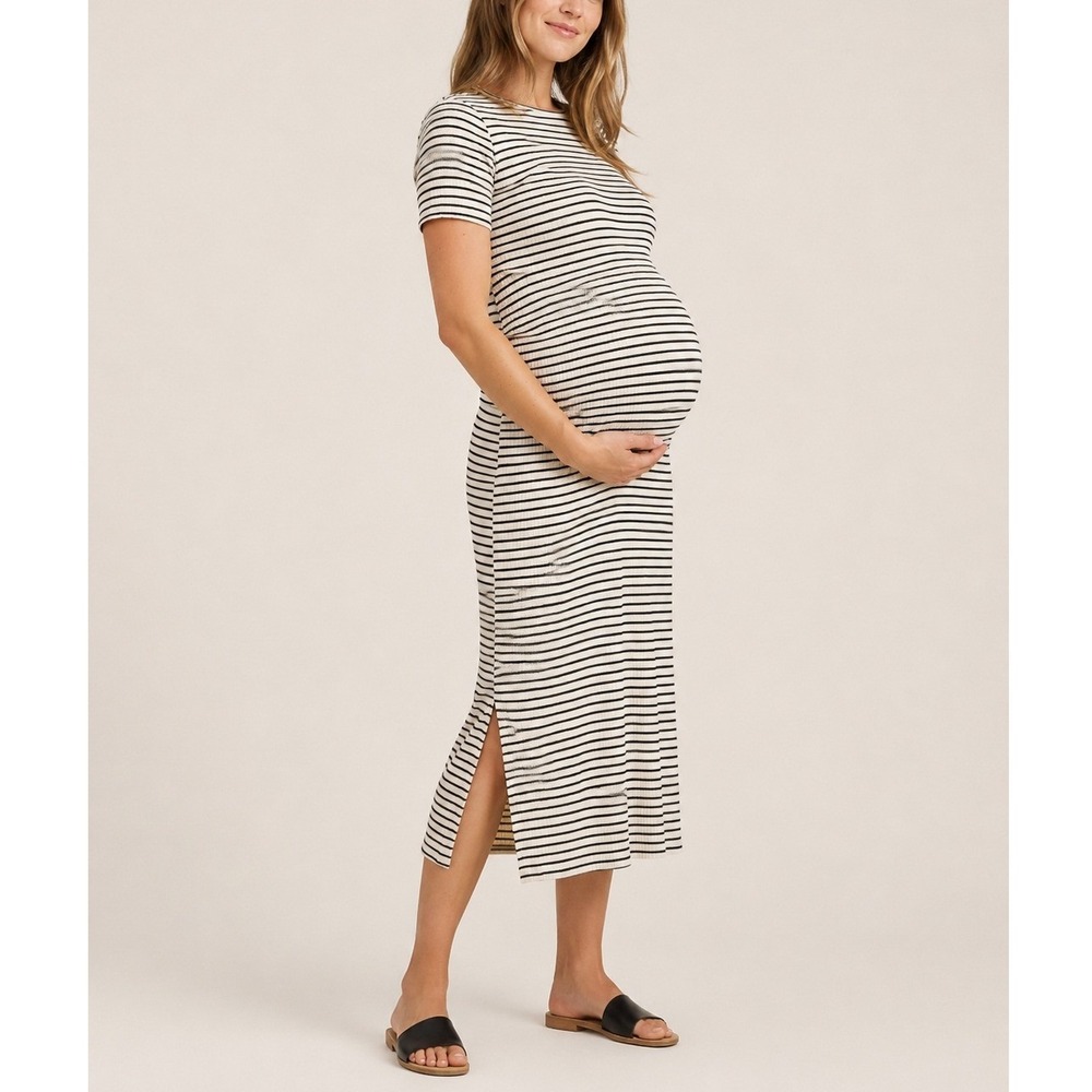 Isabel by Ingrid & Isabel Maternity Striped Ribbed‎ Midi Dress Cream Black Sz XS